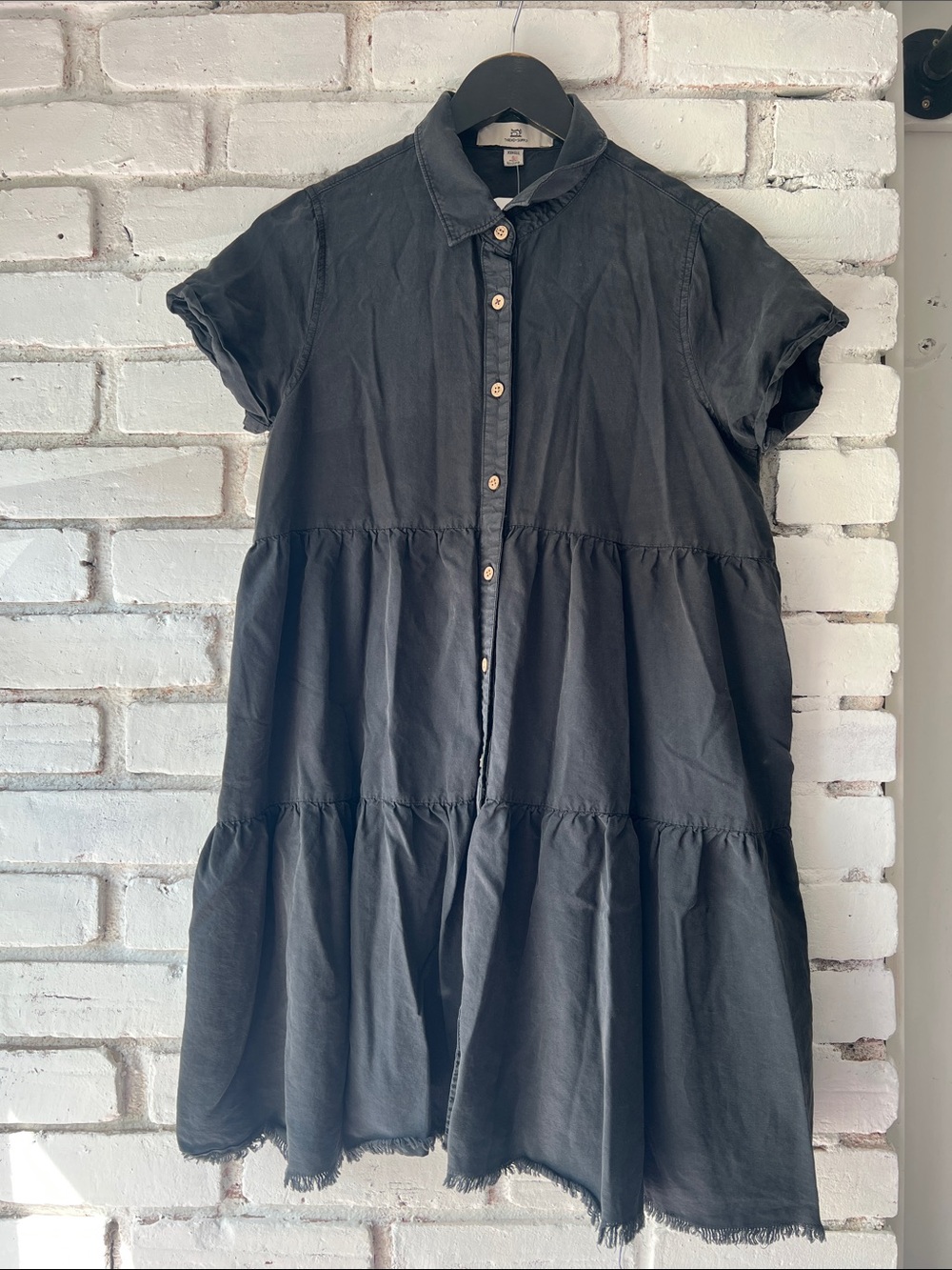 Thread & Supply Black Short-Sleeve Button Front Tiered Mini Dress
